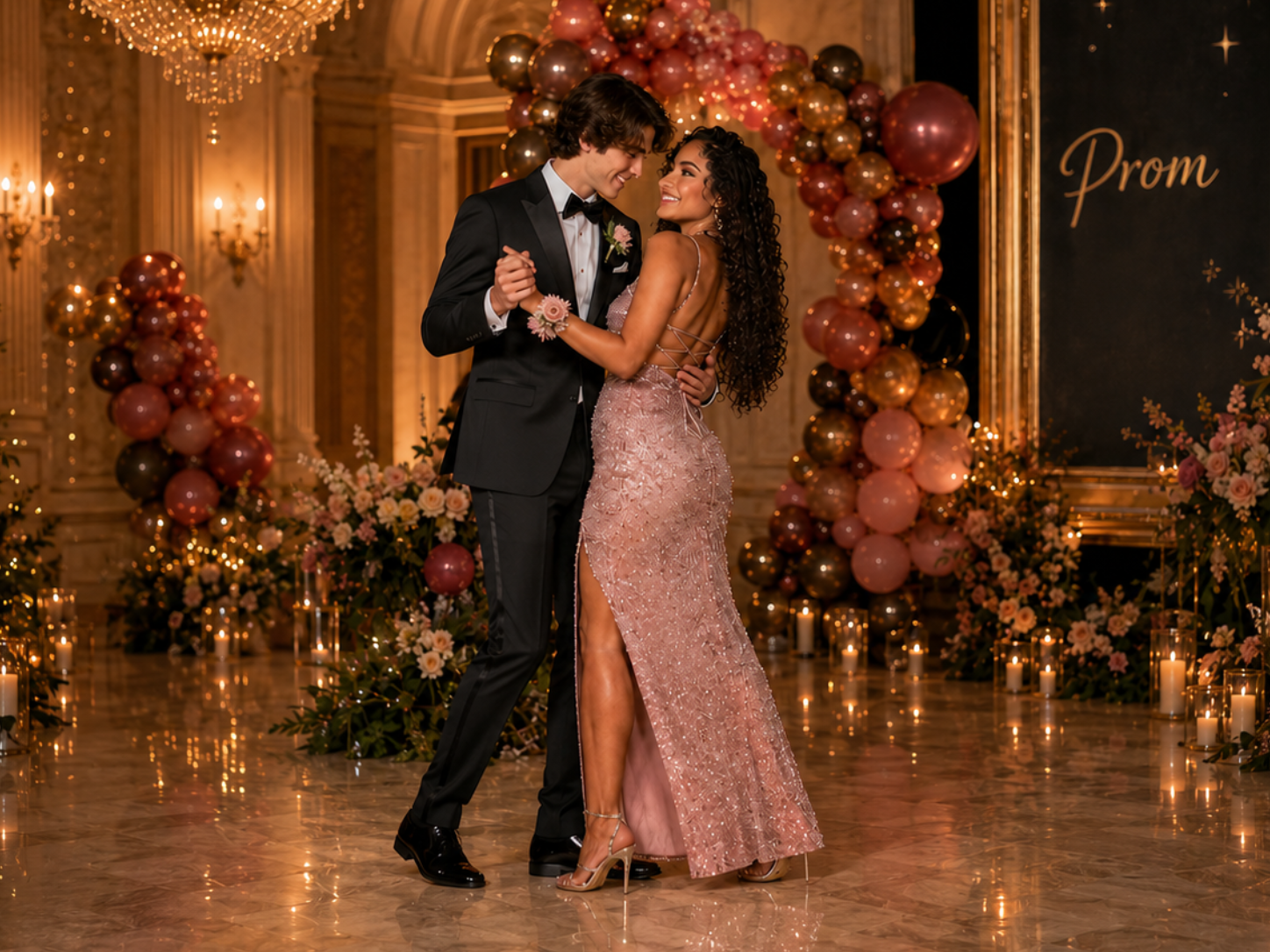 Couple in formal attire dancing in a grand hall with balloons and decorations.